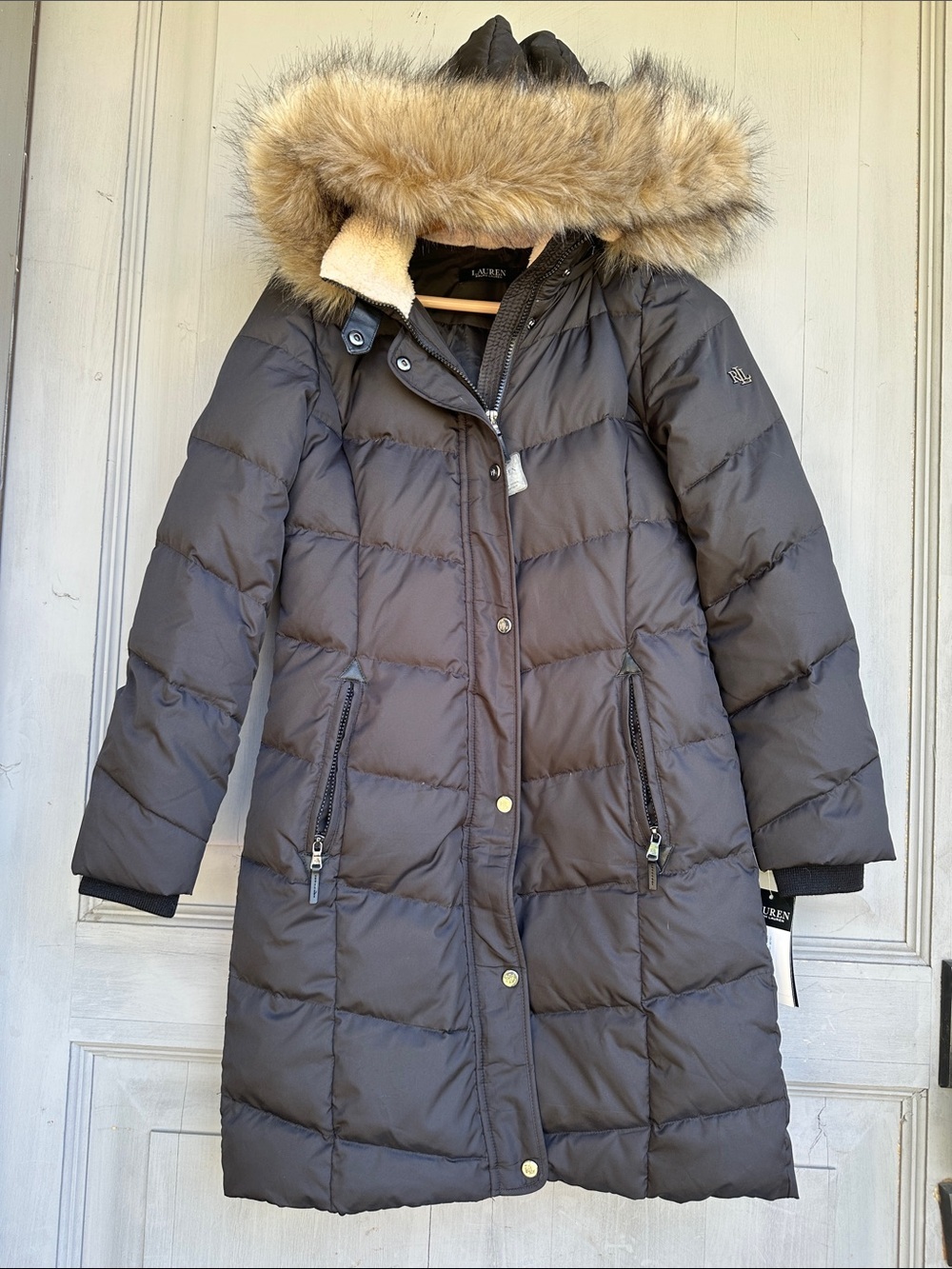 Ralph Lauren Women's Black Quilted Down Coat with Faux Fur Trim Hood